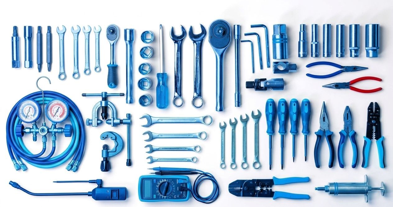 A full HVAC technician toolkit laid out: spanners, sockets, manifold gauges, multimeter, crimpers and cutters