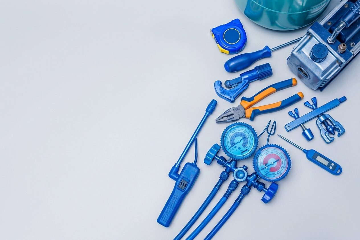 Refrigeration manifold gauges, tube cutter, vacuum pump and hand tools laid out on a work surface