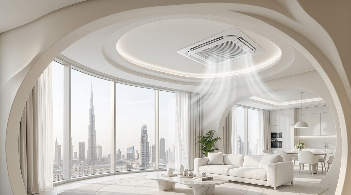 Ceiling cassette unit installed in a Dubai apartment with the city skyline beyond