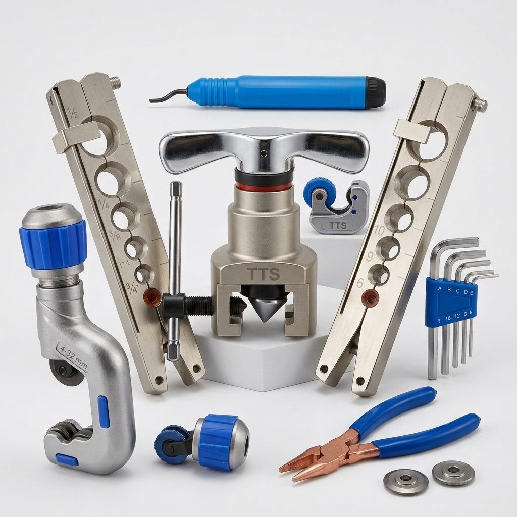 Flaring tool, tube cutters, deburring tool and swaging kit for refrigerant pipework